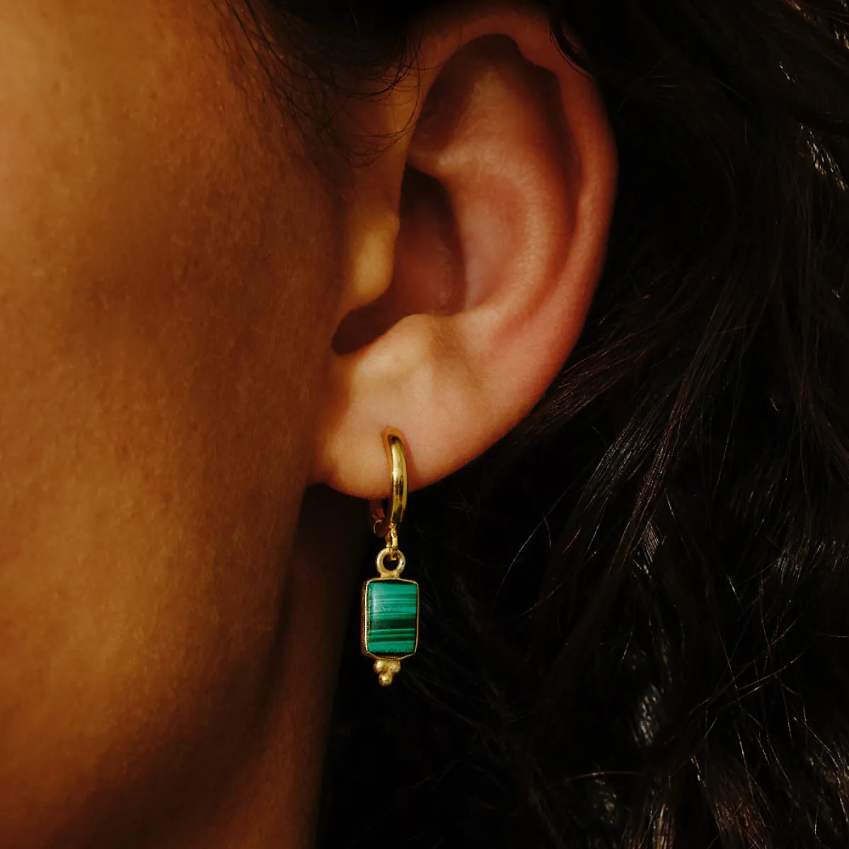 Tomfoolery Rectangular Triple Bead Malachite Hoop Earrings Fashion