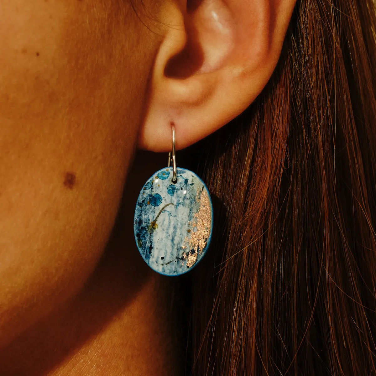 Tomfoolery Resin Coated Oval Drop Earrings in Dusty Blue Online