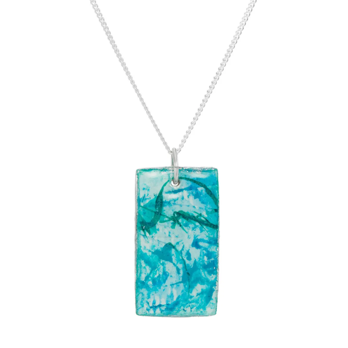 Tomfoolery Resin Coated Rectangle Pendant in Aqua Blue Hot