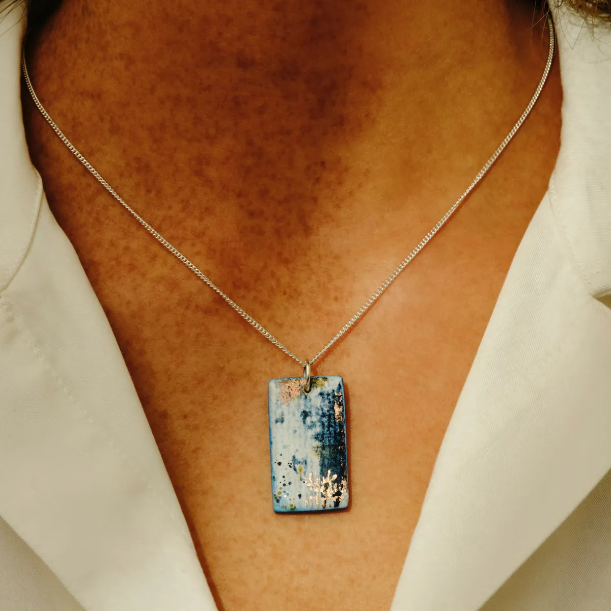 Tomfoolery Resin Coated Rectangle Pendant in Sky Blue Clearance