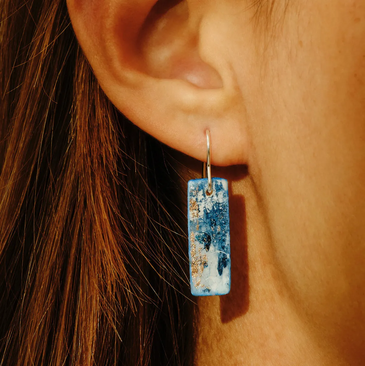 Tomfoolery Resin Coated Rectangular Drop Earrings in Aqua Blue New