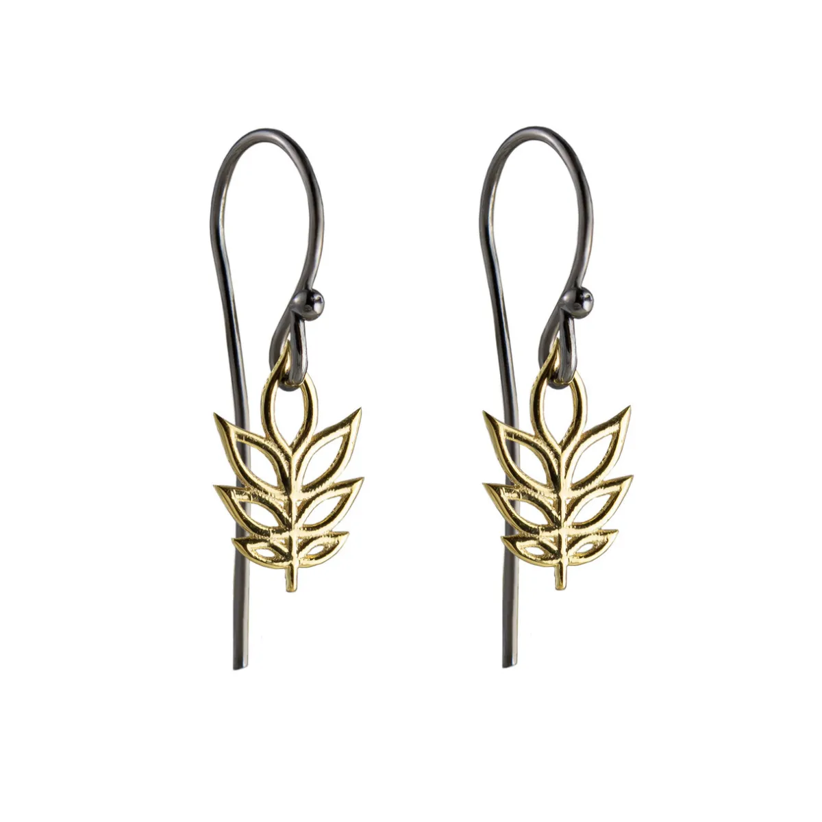 Tomfoolery Rhodium Plated Silver and 14ct Gold Tall Leaf Hook Earrings Hot