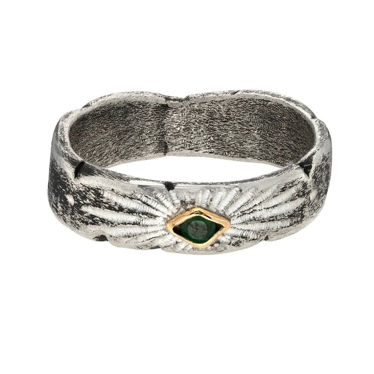 Tomfoolery Rustic Silver Signature Band with Emerald Discount