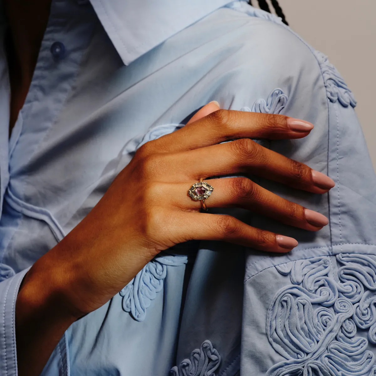 Tomfoolery Salt & Pepper Hexagon Halo Ring Discount