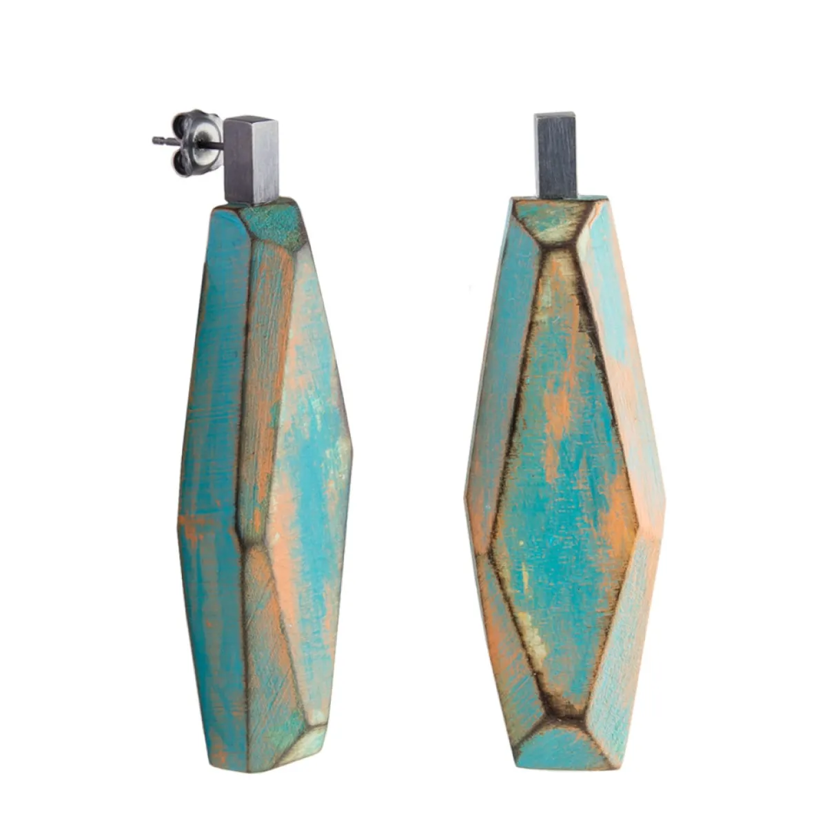 Tomfoolery Sea Green and Orange Faceted Wood Earrings(Out of Stock) Clearance