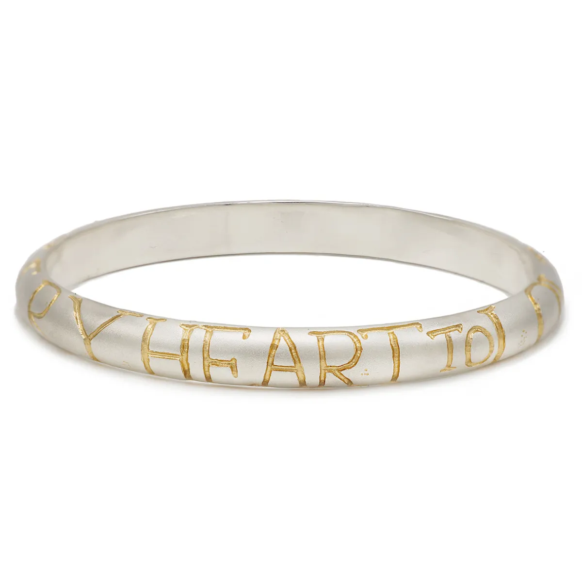 Tomfoolery Silver & Gold Etched “Every Heart To Love Will Come” Bangle Sale
