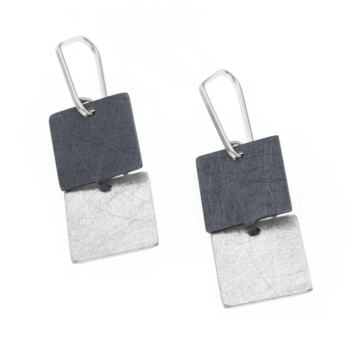 Tomfoolery Silver & Oxidised Silver Square Drop Earrings New