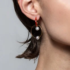 Tomfoolery Silver & Red Double Hoop Pearl Earrings Sale