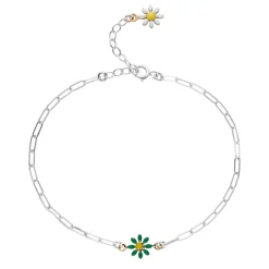 Tomfoolery Silver Daisy Paperclip Bracelet in White & Green Clearance