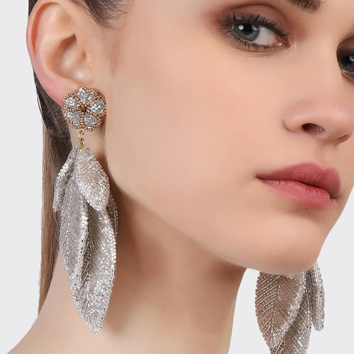 Tomfoolery Silver Leaf Beaded Earrings Fashion