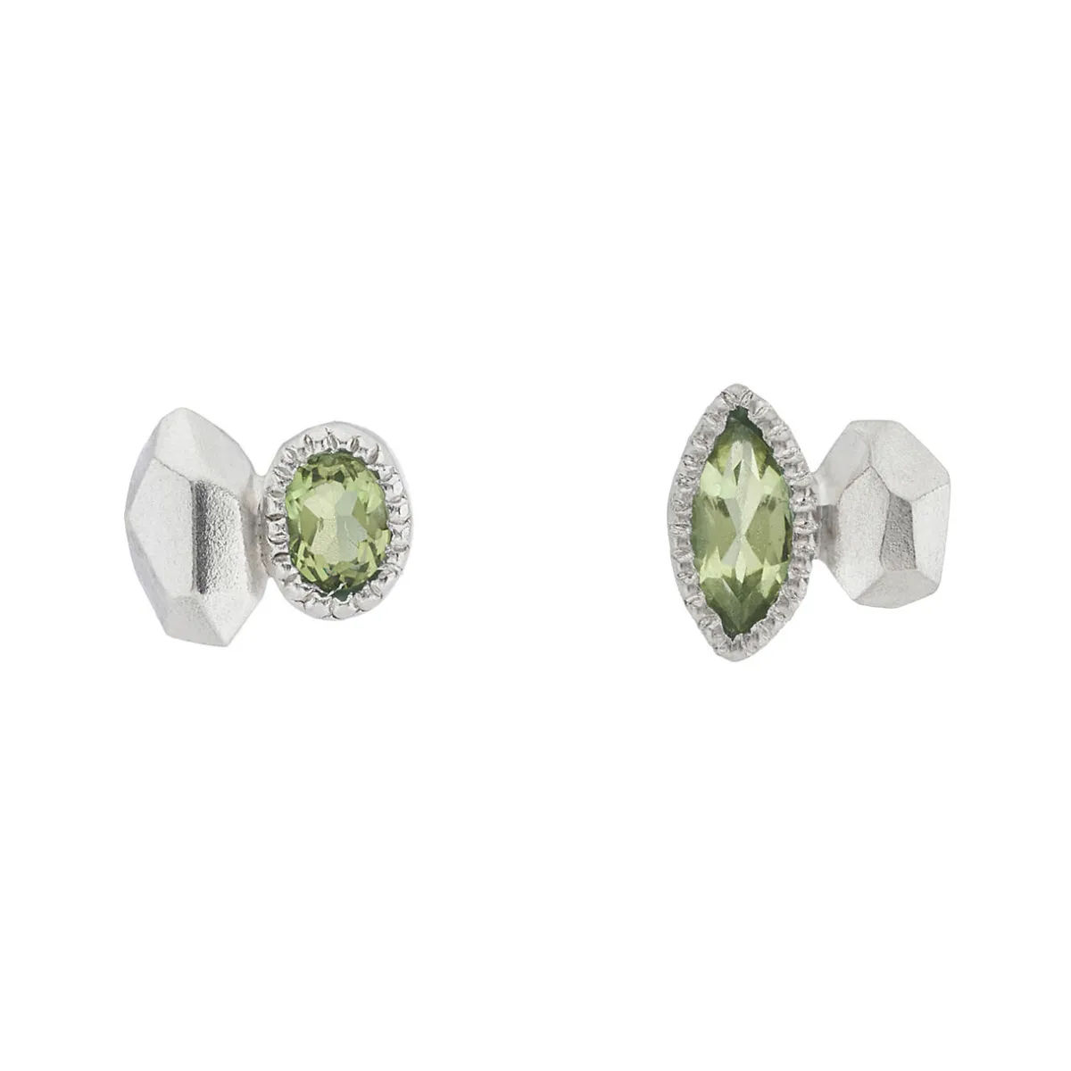 Tomfoolery Silver Marquise Irregular Studs with Peridot Hot