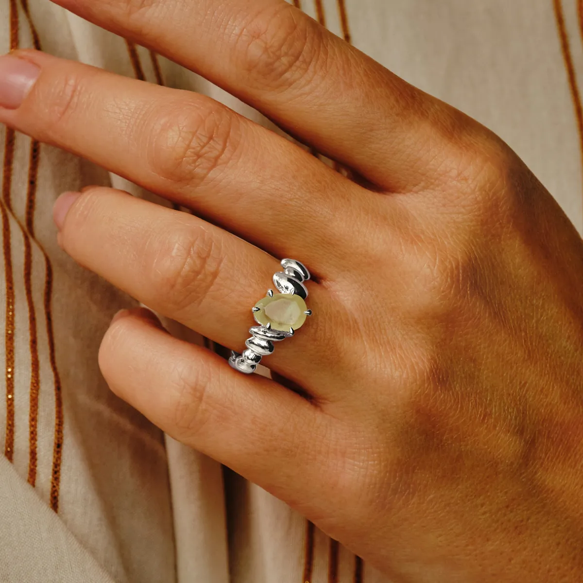 Tomfoolery Silver Pebble Prehnite Balance Ring Hot