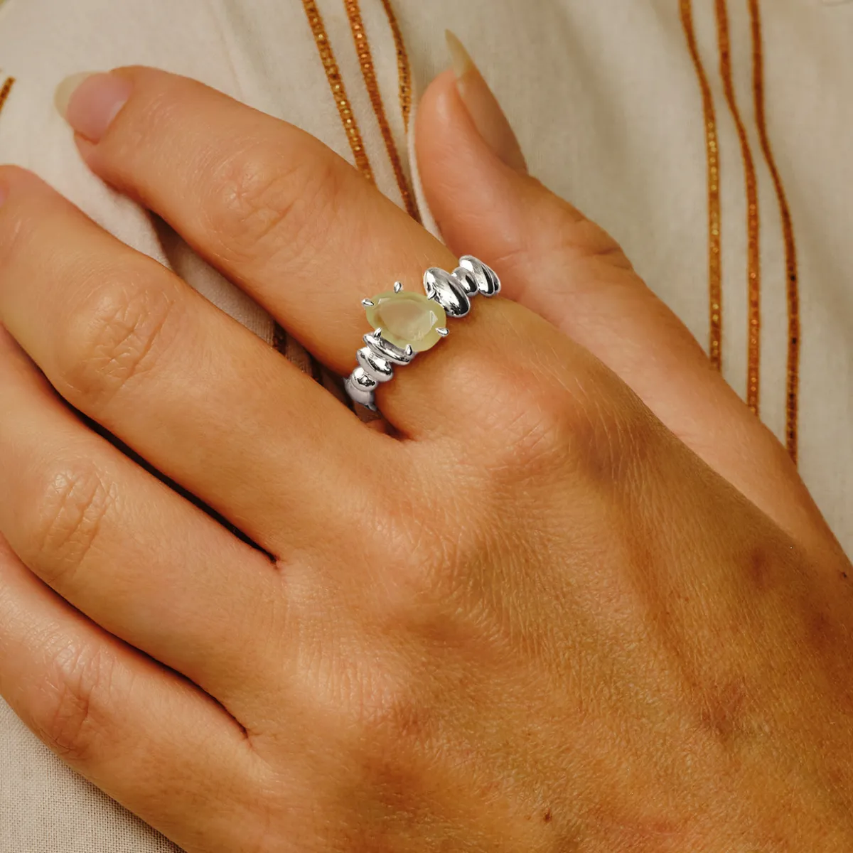 Tomfoolery Silver Pebble Prehnite Balance Ring Hot