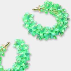 Tomfoolery Small Fluoro Green Beaded Flower Hoops New