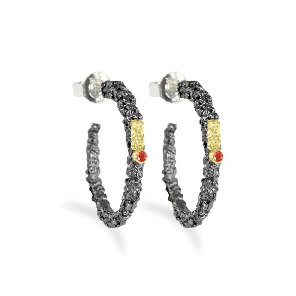 Tomfoolery Small Oxidised Silver, Gold & Ruby Textured Hoops Online