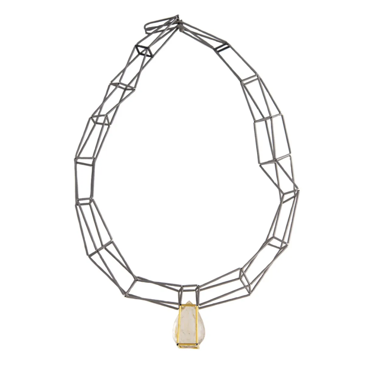 Tomfoolery Steel & Gold Multi Row Rutilated Quartz Necklace New