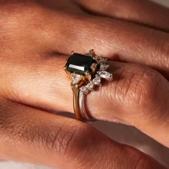 Tomfoolery Tf exclusive Emerald cut black diamond Bea three stone ring Clearance
