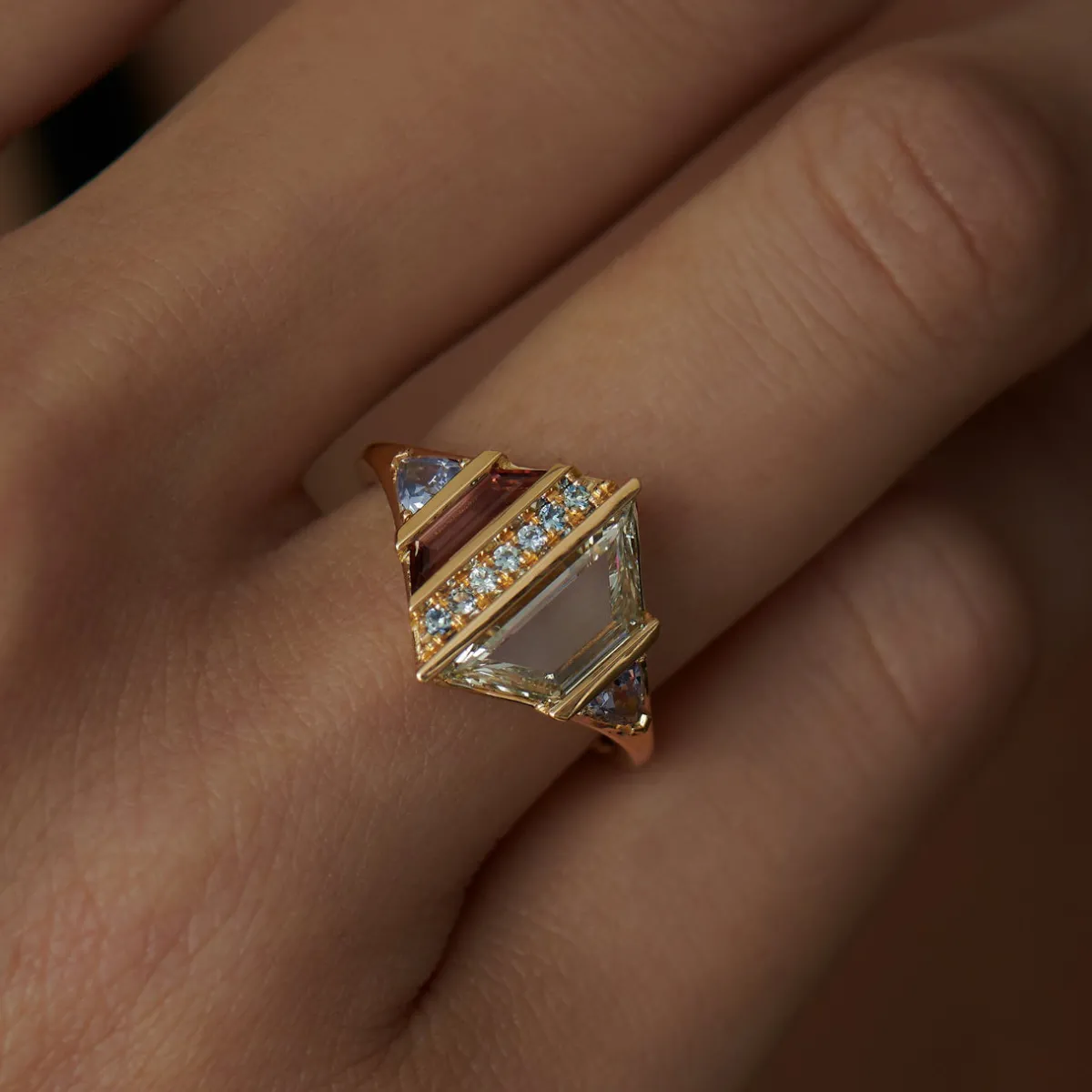 Tomfoolery Trine Diamond Bi-Colour Tourmaline Spinel & Sapphire Art Ring Clearance