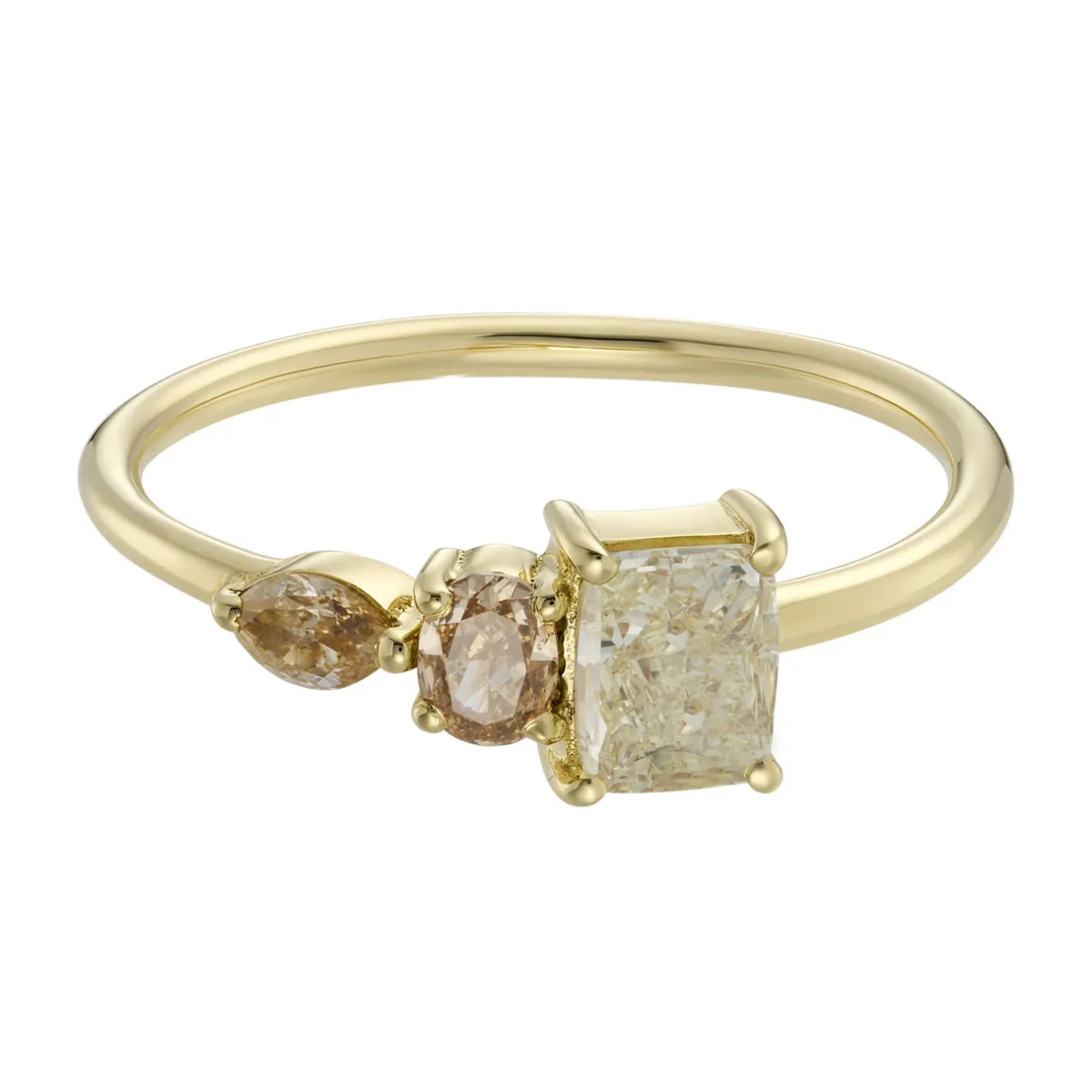 Tomfoolery TRIO Cushion Cut Yellow Diamond Three Stone Ring Hot