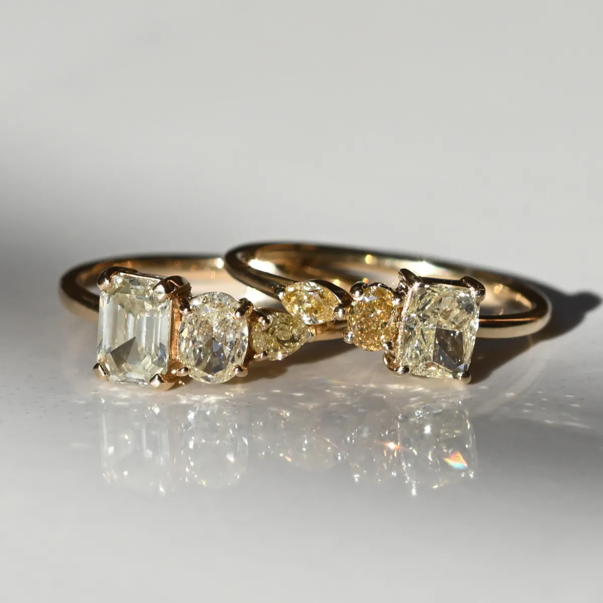 Tomfoolery TRIO Cushion Cut Yellow Diamond Three Stone Ring Hot