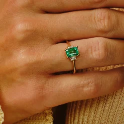 Tomfoolery TRIO Emerald & Baguette Diamond Three Stone Ring Online
