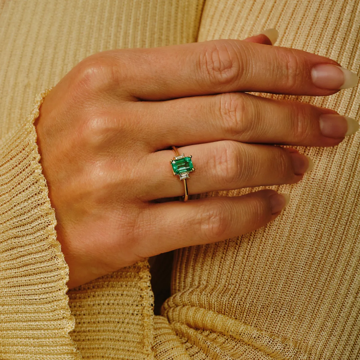 Tomfoolery TRIO Emerald & Baguette Diamond Three Stone Ring Online