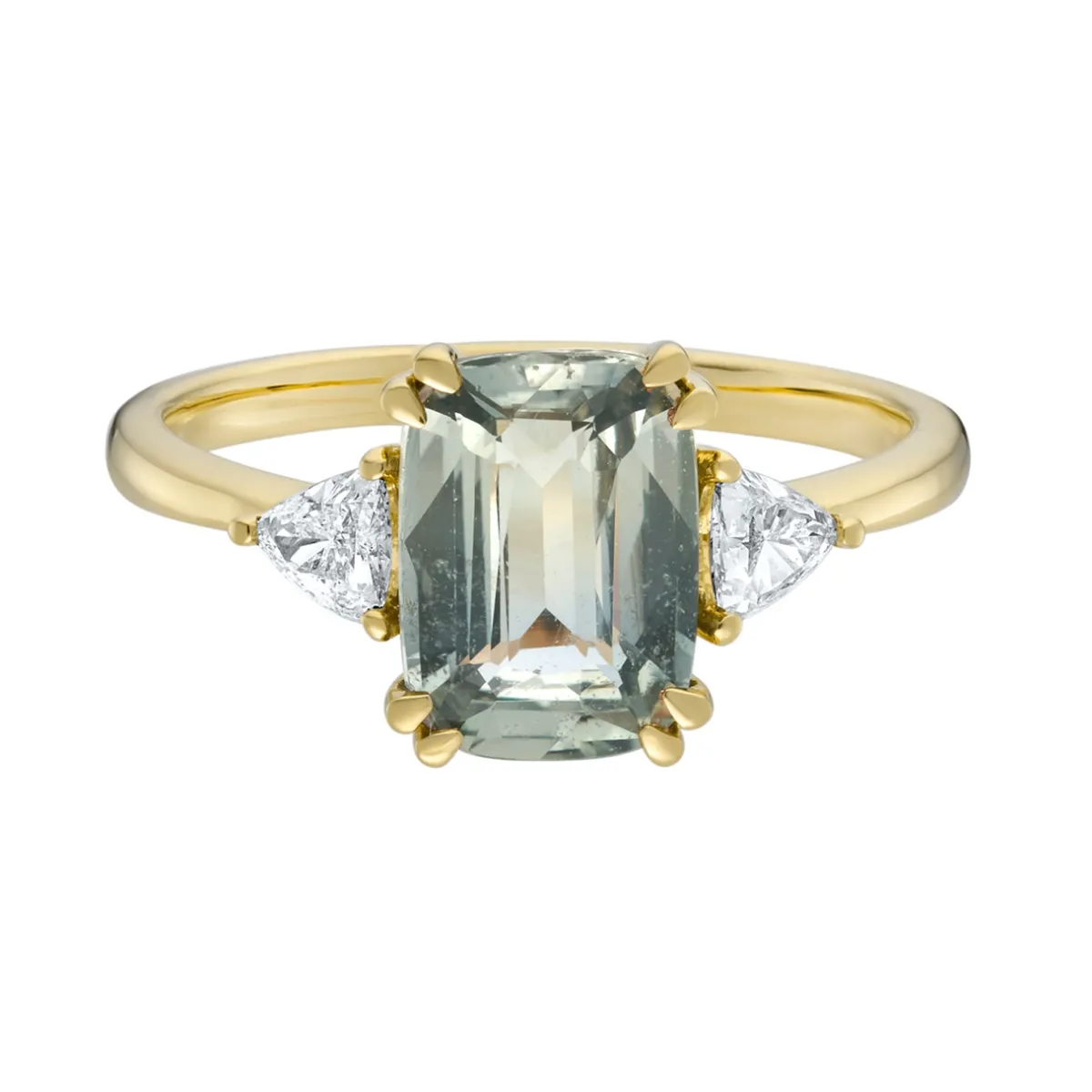 Tomfoolery TRIO Light Green Cushion Sapphire & Diamond Three Stone Ring Discount