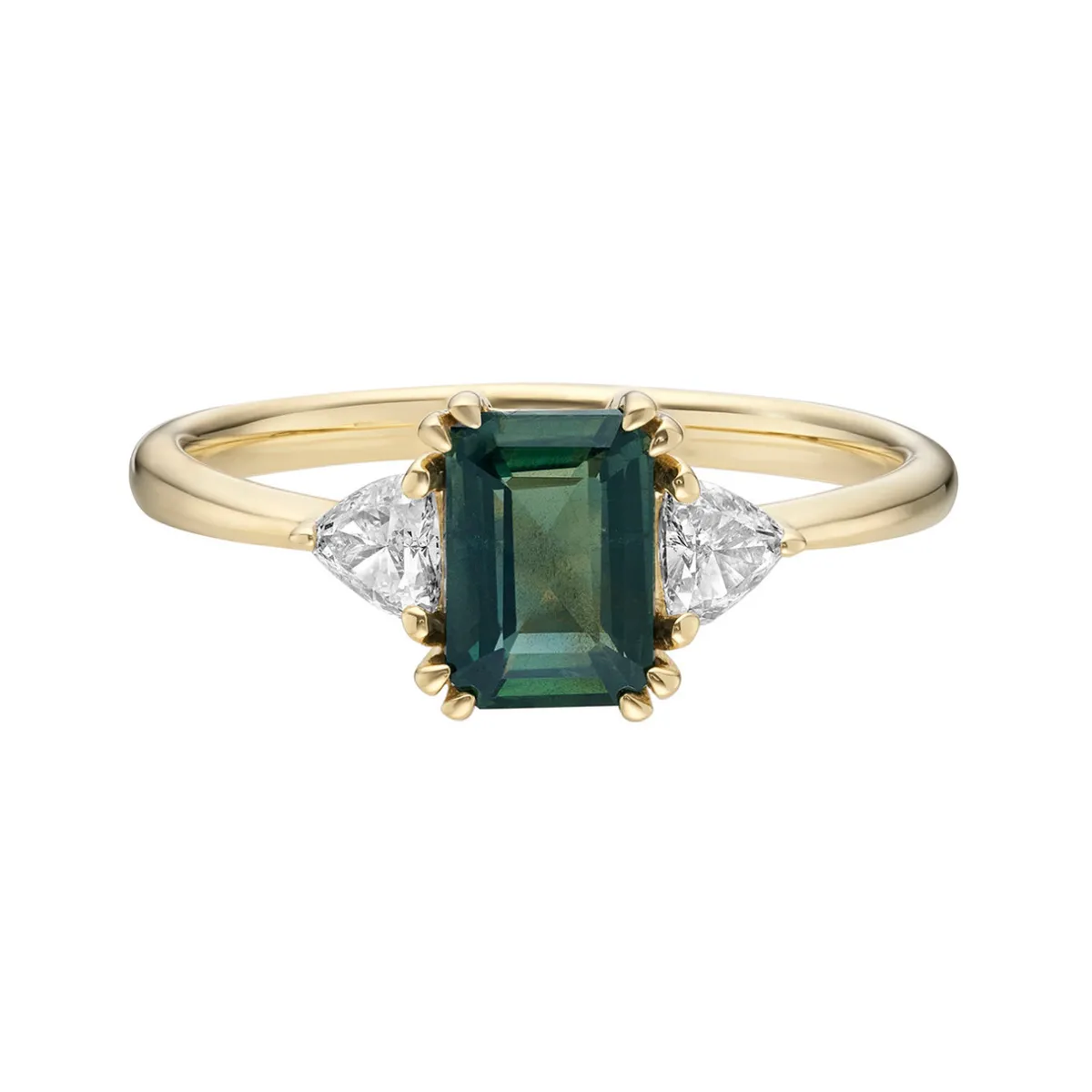Tomfoolery TRIO Radiant Teal Sapphire & Trillion Diamond Three-Stone Ring Best