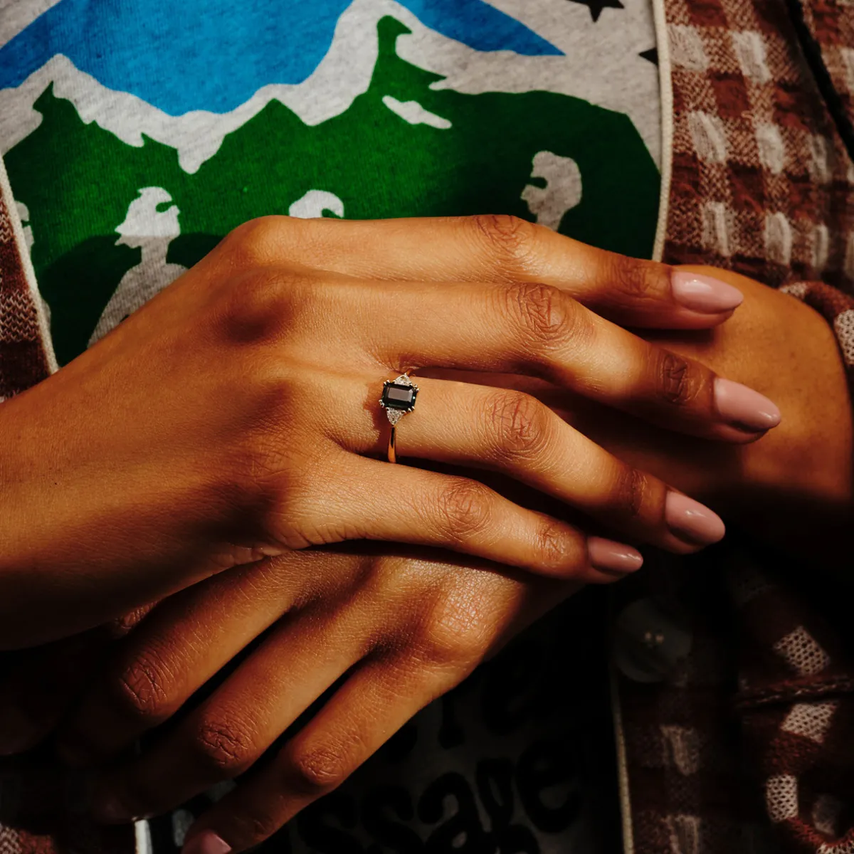 Tomfoolery TRIO Radiant Teal Sapphire & Trillion Diamond Three-Stone Ring Best