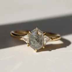 Tomfoolery TRIO Salt & Pepper Grey Hex Rose Cut Diamond Three Stone Ring Clearance