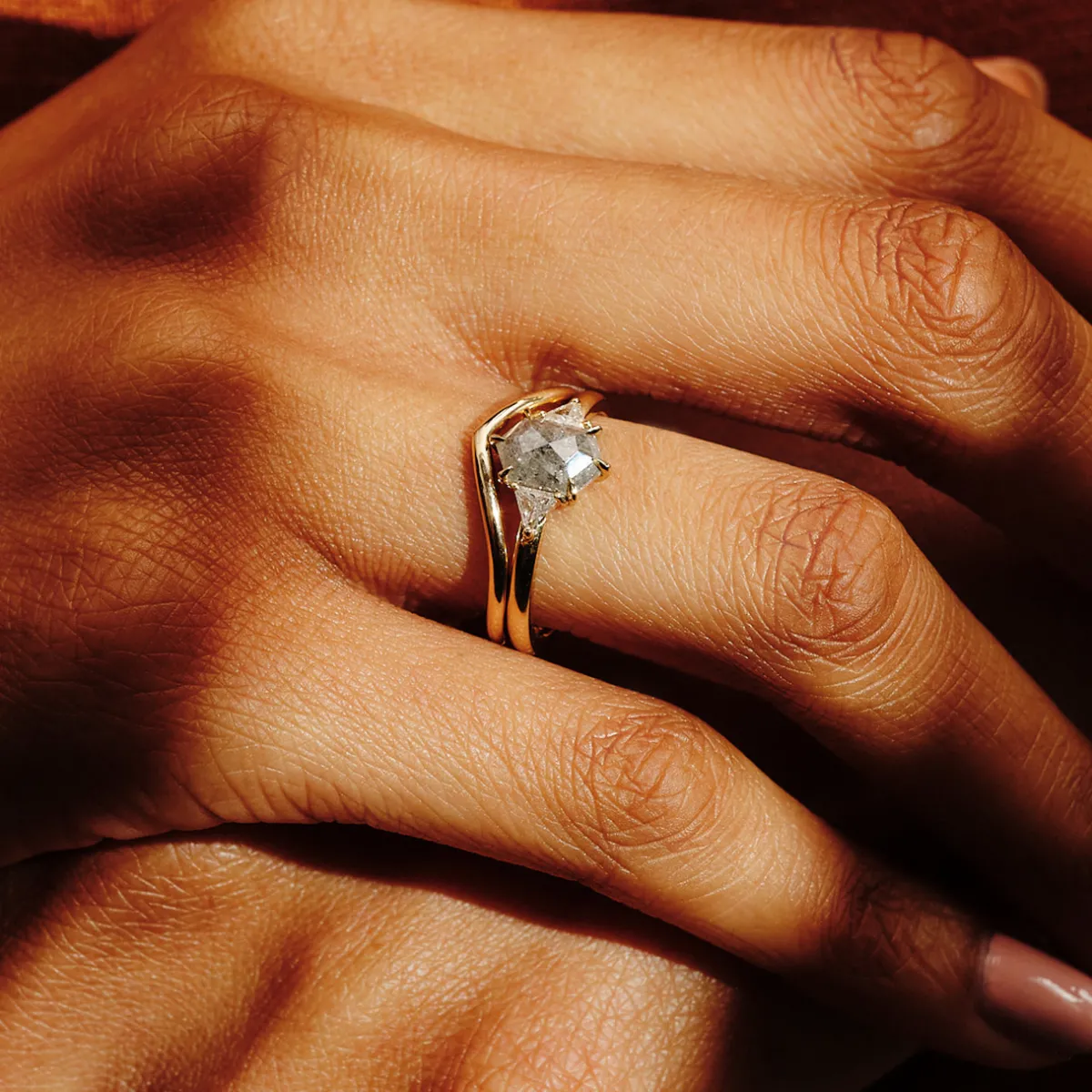 Tomfoolery TRIO Salt & Pepper Grey Hex Rose Cut Diamond Three Stone Ring Clearance
