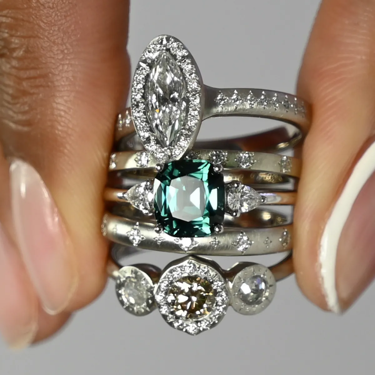 Tomfoolery TRIO White Gold Teal Tourmaline Three Stone Ring Outlet