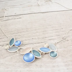 Tomfoolery Triple Section Bluebell Pearl, Ice & Grey Leaf Necklace Outlet