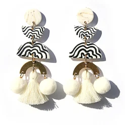 Tomfoolery White Hand-Painted Pom Pom Drop Earrings New