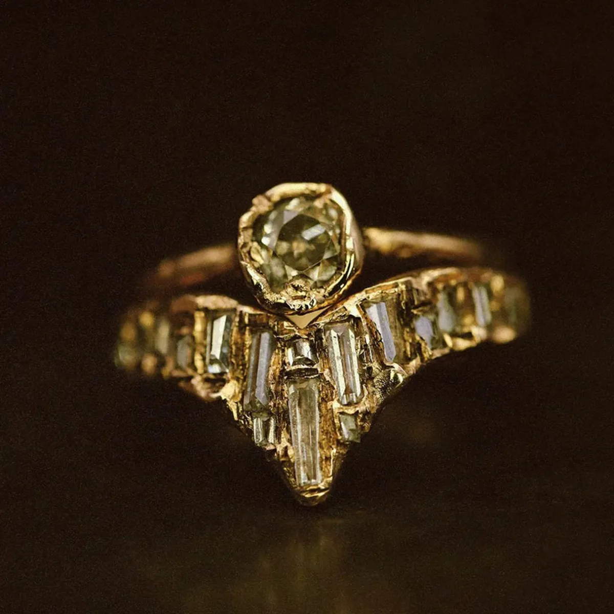 Tomfoolery X White Baguette Diamond Scatter Point V Shape Ring New